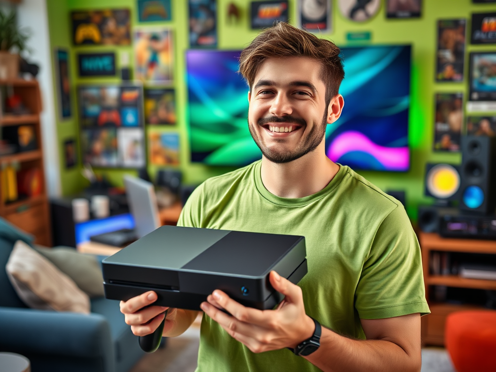 A smiling man in a green shirt holds a gaming console, with a colorful setup and posters in the background.