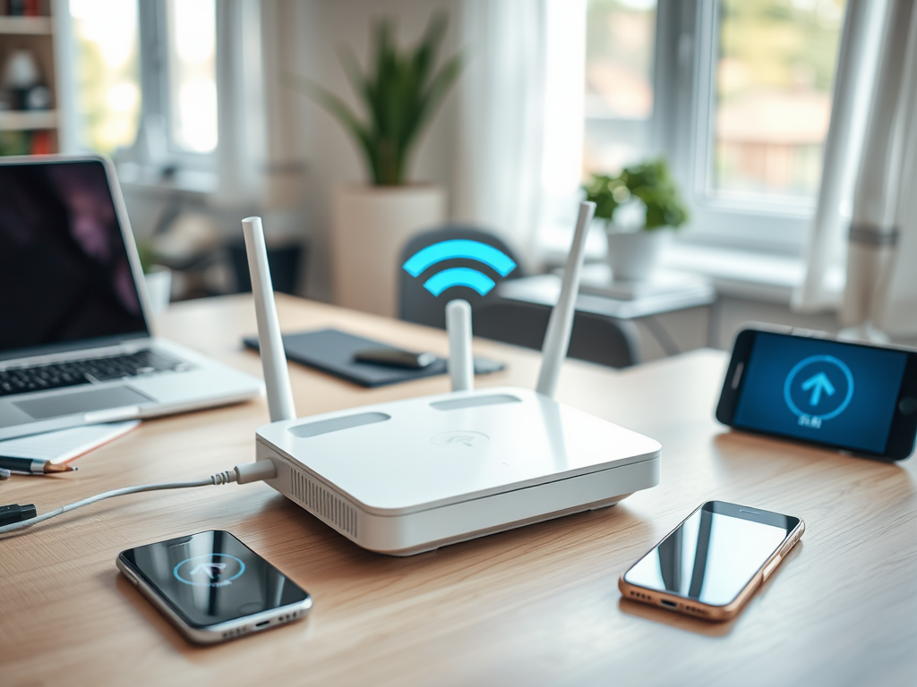 A modern Wi-Fi router with antennas sits on a desk alongside a laptop and two smartphones, indicating connectivity.