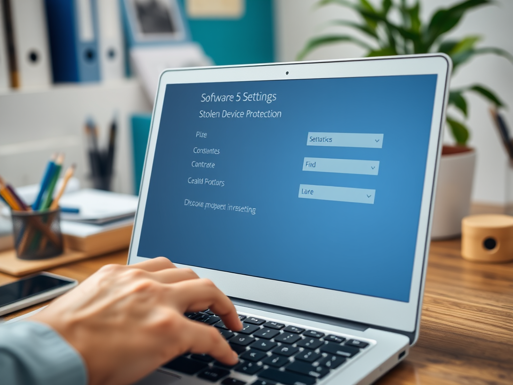 A laptop screen displaying settings for "Software 5" with options for stolen device protection and project investing.