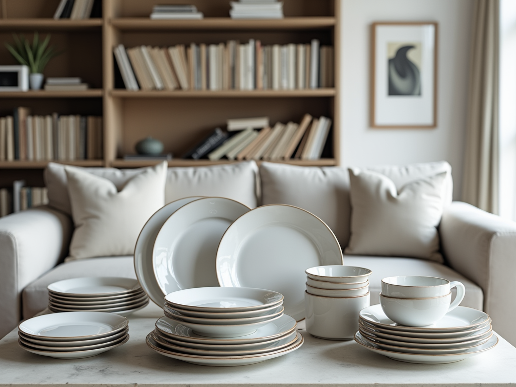 Elegant white and gold dinnerware set arranged on a coffee table in a cozy living room with bookshelves.