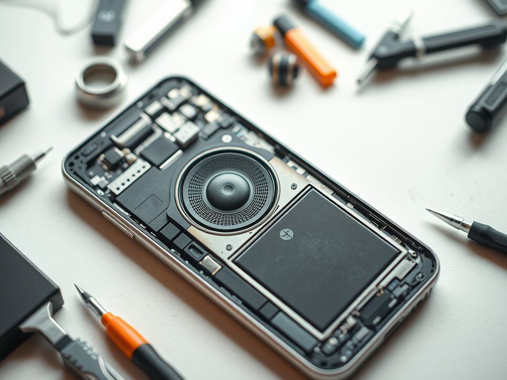 A disassembled smartphone surrounded by various tools on a table, showcasing internal components and a speaker.