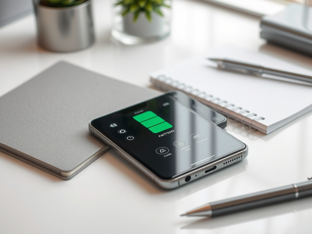 A smartphone on a desk displaying a green interface, next to a notebook, pen, and small plant.