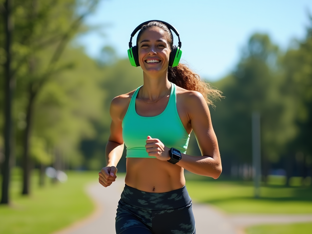 Happy woman jogging in a park wearing headphones and fitness gear on a sunny day.