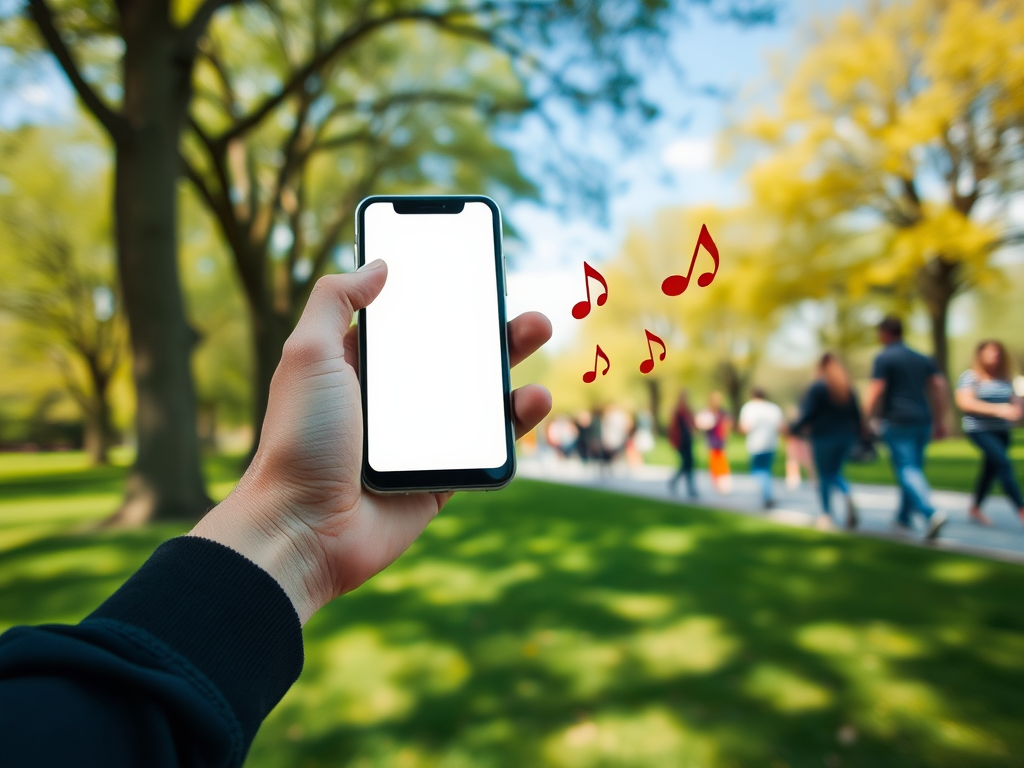 A hand holding a smartphone displays a blank screen, with music notes above against a park background.