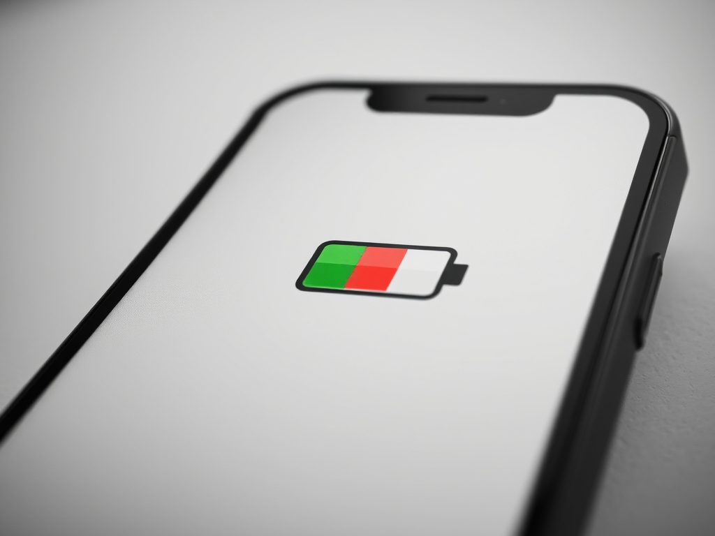 A smartphone screen displaying a battery icon with a green and red design on a white background.