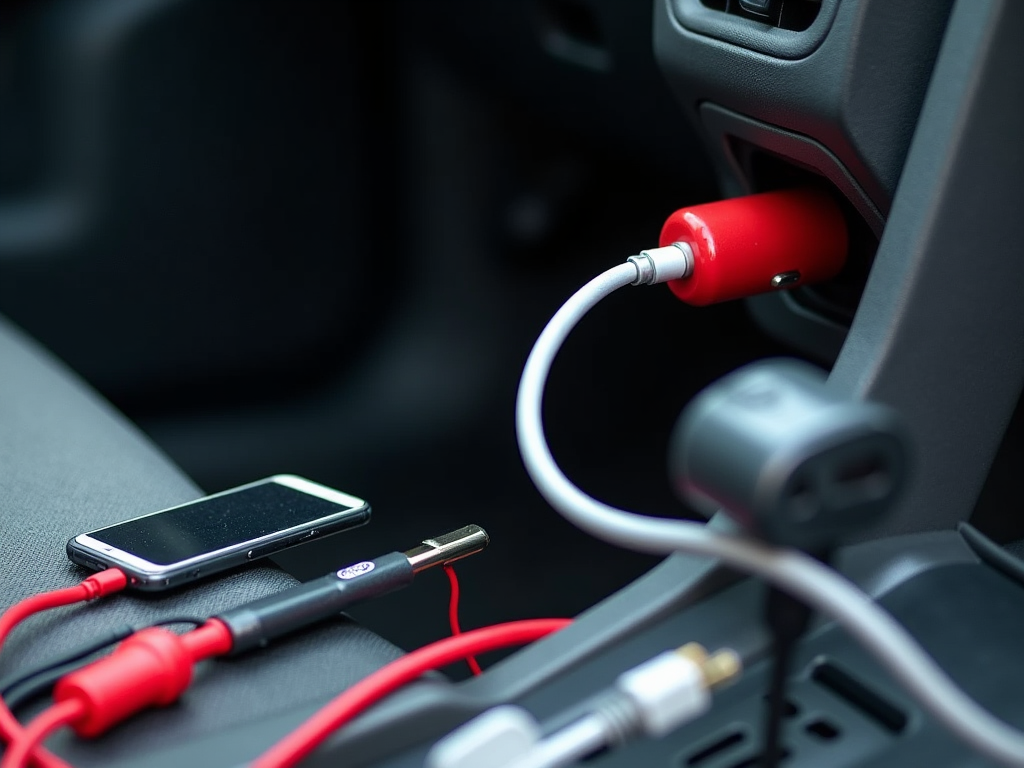 Smartphone connected to a car charger and auxiliary cable in a vehicle's interior.