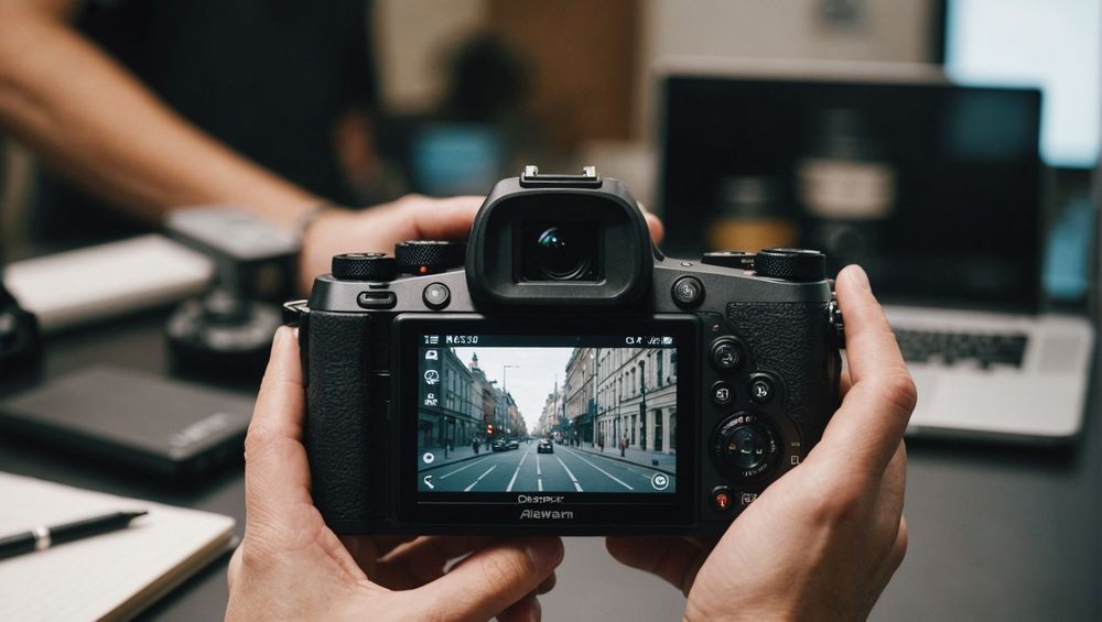 Руки держат фотокамеру, на экране которой видно изображение улицы города.